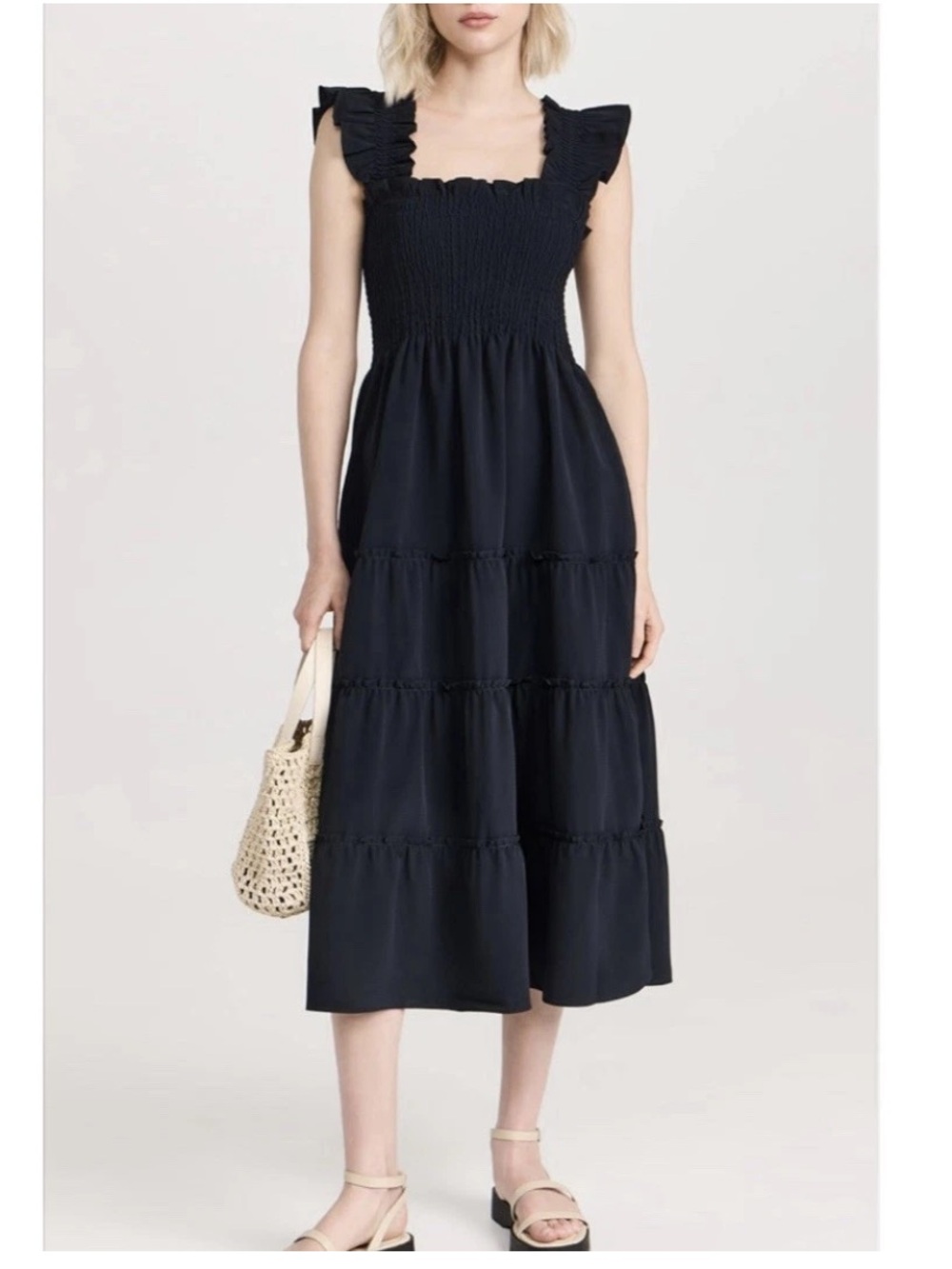 Hill House Home Ellie Nap Midi Dress Size XXS Black Smocked Bodice Pockets